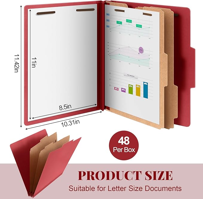 Skyygemm 48 Pcs Classification Folders Letter Size, 2 Divider Pressboard File Folders with 3. 5 Inch Expansion, 2 Prongs Fastener, Heavy Duty Office File Organizers for Teachers, Medical (Dark Red)