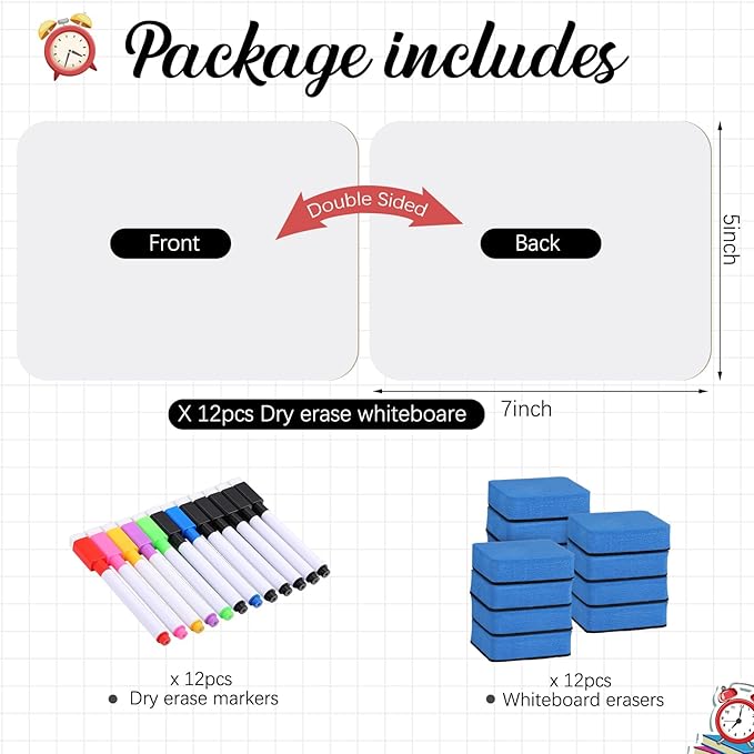 Affrolling 12 Sets Small Whiteboard Dry Erase Boards 5" x7'' Mini Double Sided Dry Erase Lap Boards with Markers Erasers Pen Holders Personal Whiteboards for Students Classroom Teacher
