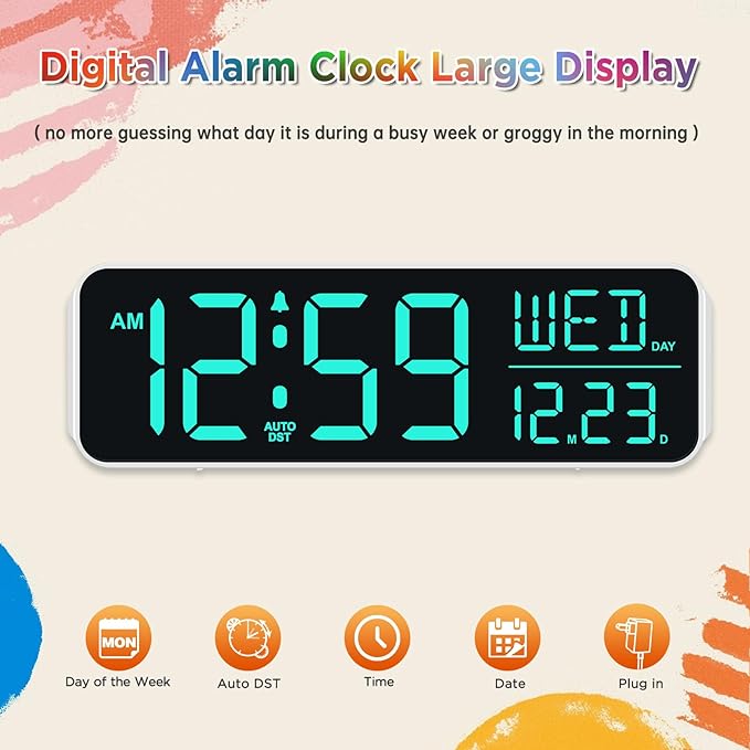 Peakeep Large Display Digital Alarm Clock for Bedrooms, Date Day of Week Desk Table Clocks for Living Room Office, Dimmable Plug in Electric Clock, 5 Volumes, Loud, Auto DST