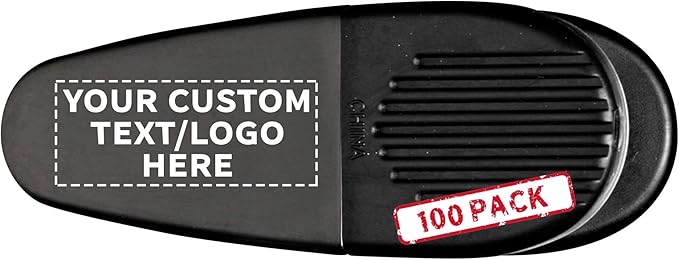 100 Magnetic Memo Holders Set - Customizable Text, Logo - Large Clip, Plastic - Black