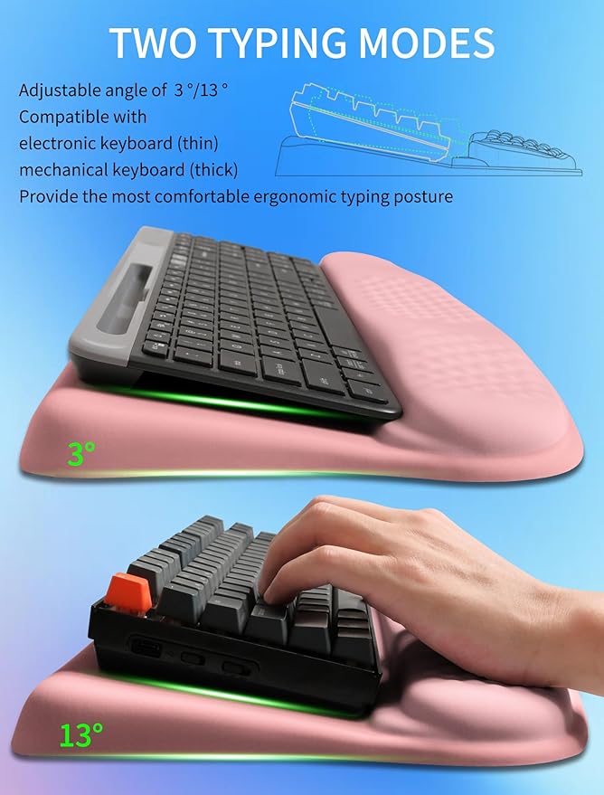 KUOSGM Ergonomic Wave Wrist Rest with Keyboard Stand, Cushioned Palm Rest, Comfortable Integrated Memory Foam for Natural Typing and Relieve Wrist Pain, Pink Serenity