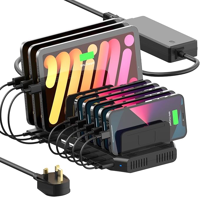 Alxum USB Fast Charging Station with Quick Charge 3.0, 10 Port Charging Stand for Multiple Devices, Compatible with iPad, iPhone, Samsung Galaxy, Black