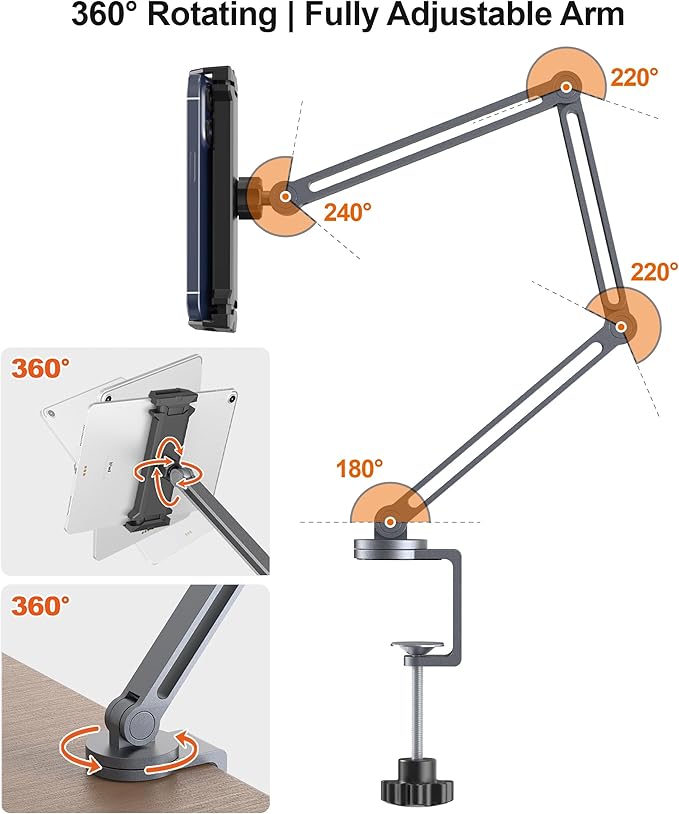 YICOSUN Tablet Arm Mount with Super Grip, Adjustable Foldable Holder & Heavy Duty Aluminum 360° Rotating Clamp for iPad, Phone, Monitor, Kindle - Universal for Desk, Bed, Kitchen - Gray