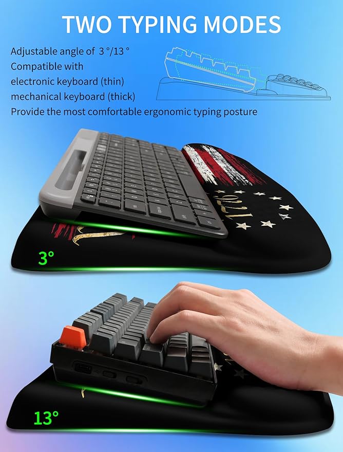 KUOSGM Ergonomic Wave Wrist Rest with Keyboard Stand, Cushioned Palm Rest, Comfortable Integrated Memory Foam for Natural Typing and Relieve Wrist Pain, US Flag