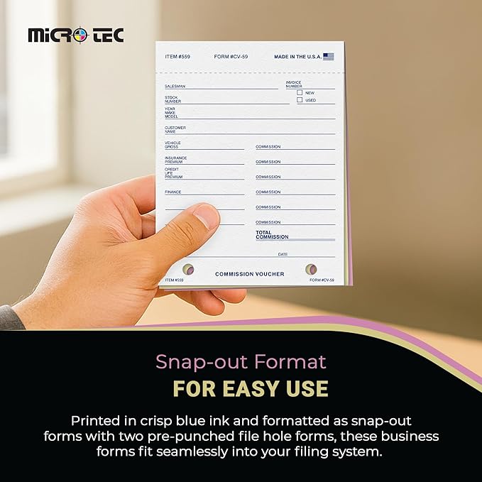 Commission Voucher Book CV-59-3 Part Carbonless Forms, Triplicate NCR Receipt Book, Snap-Out Pre-Punched with File Holes Commission Vouchers, Blue Ink, 4.25 x 5.625 Inch - Pack of 100