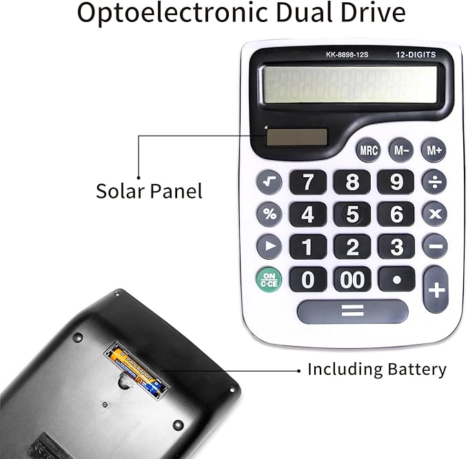 YEBMoo 12 Digit Desktop Calculator with Large LCD Display and Sensitive Button, Dual Solar Power and Battery, Standard Function for Office (YE8898)