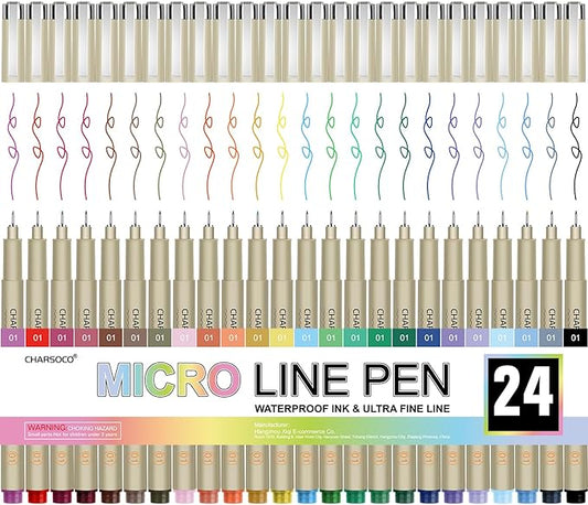 CHARSOCO 01 Micro Pen, Waterproof Archival Ink, 0.25mm Fineliner Ink Pens for Artist Illustration, Sketching, Anime, Manga, Technical Drawing and Scrapbooking, Fine Point Pen with 24 Colors