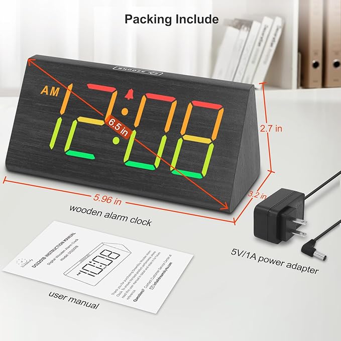 DreamSky Wooden Digital Alarm Clock for Bedroom - RGB Electric Desk Clock with Large Numbers, USB Port, Loud Alarm for Heavy Sleepers, Dimmer and Volume Control, Snooze, Wood Décor (Adapter Powered)