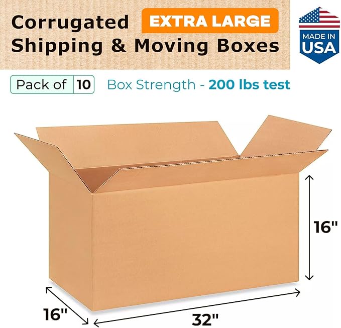 Extra Large Shipping & Moving Boxes 32x16x16 inches (10-Pack) - Extra Strength 200 lb vs Regular - Corrugated Heavy Duty Moving Boxes - Box for Moving & Relocating by IDL Packaging