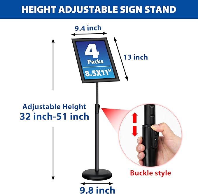 VAIIGO 4 Pack Sign Holder Stands - 8.5 x11 inch Standing Sign Stand, Adjustable Poster Sign Holder Pedestal Floor Sign Stand, Aluminum Snap Open Frame for Vertical & Horizontal View Sign Stand, Black