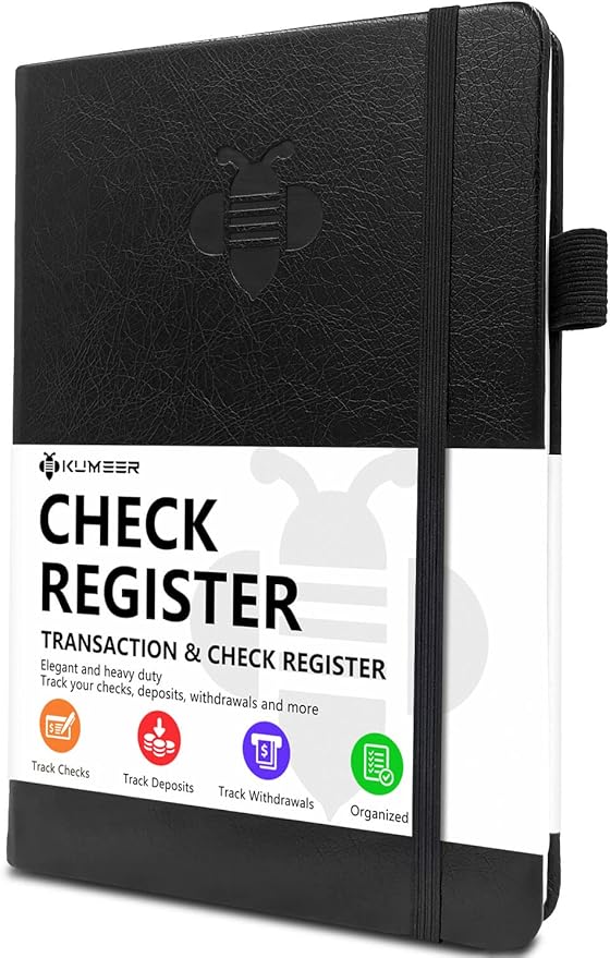 KUMEER Check Register – Elegant Check Registers for Personal Checkbook with Check & Transaction Registers, Hardcover Checkbook Log 5.2x7.6" (Black)