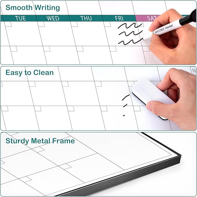 ARCOBIS 3-Month Dry Erase Calendar for Wall, 39"x28" Magnetic Whiteboard Calendar with Black Aluminum Frame, Monthly Calendar Board for Office, Home, School