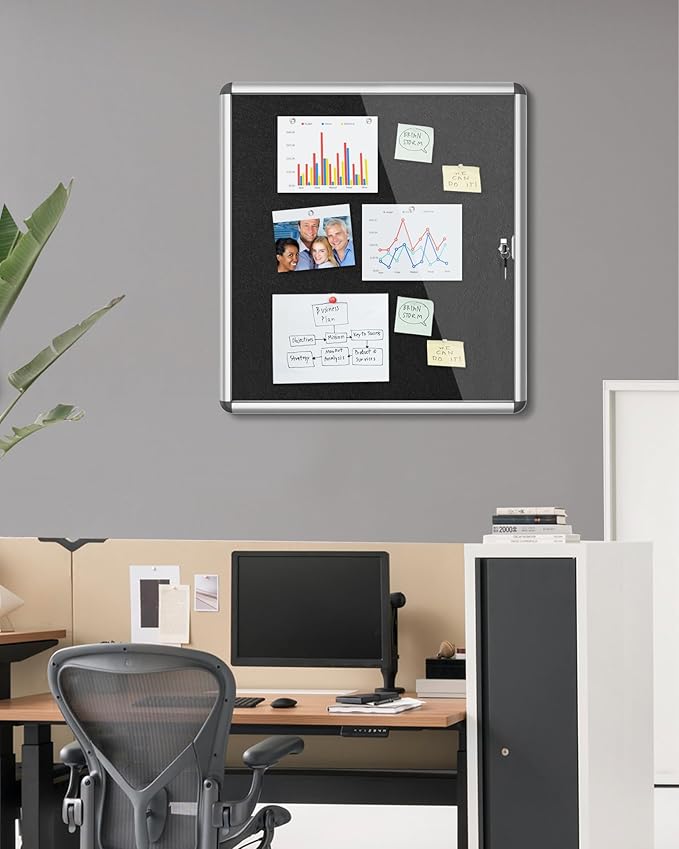 Mifuro 28"x26" Enclosed Bulletin Board, Lockable Weather-Resistant Aluminum Cork Noticeboard for School & Office, Silver Frame w/Black Flet