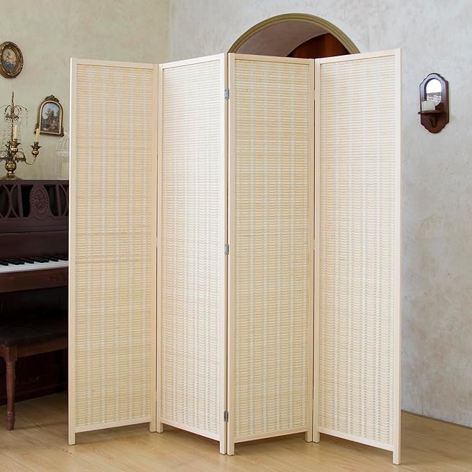 Loomveil 4 Panel Room Divider Folding Privacy Screen,67 inch Bamboo Panel Divider for Home Partition,Beige