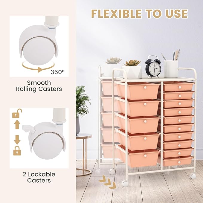 GLACER 15 Drawers Rolling Cart, Storage Cart with w/Removable Drawers & Steel Frame, Multipurpose Organizer Cart w/Sleek Handle, Utility Cart on Lockable Wheels for Home, School, Office (Peach)