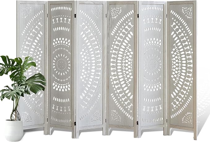 ALeesing 6 Panel Wood Room Divider Fully Assembled, Decorative Room Dividers and Folding Screens, 5.6Ft Room Divider Screen Freestanding Partition Wall Dividers for Home Bedroom Office, White