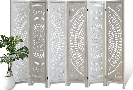 ALeesing 6 Panel Wood Room Divider Fully Assembled, Decorative Room Dividers and Folding Screens, 5.6Ft Room Divider Screen Freestanding Partition Wall Dividers for Home Bedroom Office, White