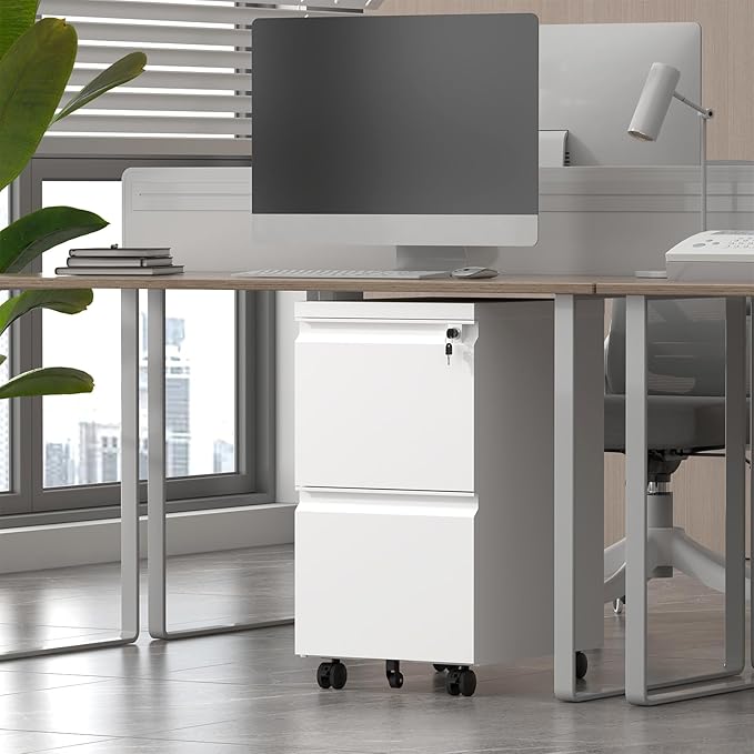 HOMOFFICE 2 Drawer File Cabinet with Lock, Metal Mobile Filing Cabinet on Wheels, Compact Desk Side Storage Cabinet for Home Office, Letter/Legal/A4 File Organizer with Anti-Tip Wheel (White)