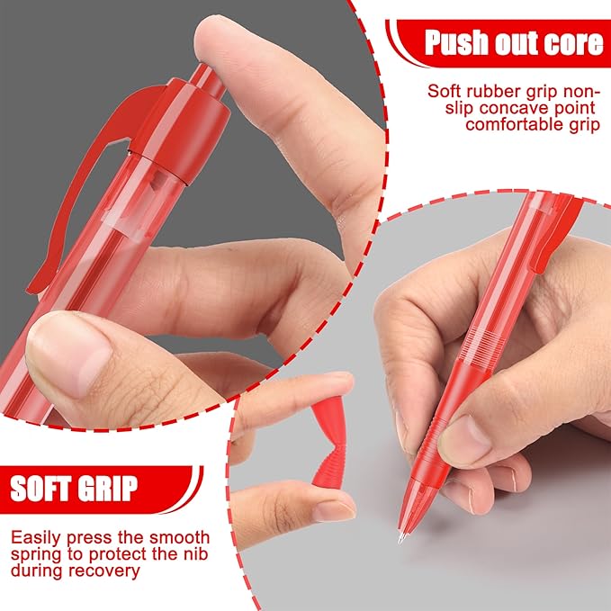 deegtran Pens Bulk, 50 Pack No Bleed Red Ink Click Pens with Soft Grip, Wholesale Retractable Ballpoint Pens for Office School, Medium Point Smooth 1.0MM