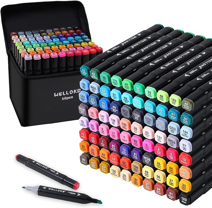 WELLOKB Alcohol Markers, 60 Colors Dual Tip Permanent Art Markers for Drawing,for Adult Coloring, Alcohol, Based Ink Ideal for Book Painting and Card Making