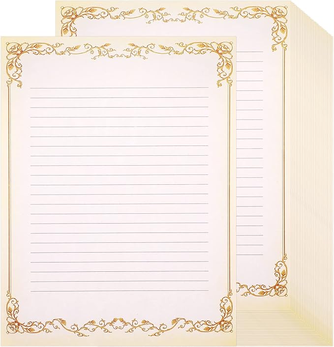 Sabary 200 Sheets Lined Stationary Writing Paper 8.5 x 11 Inch Fancy Vintage Stationery Letters Paper Lined Antique Retro Sheets for Letters Invitations Resume(Gold)