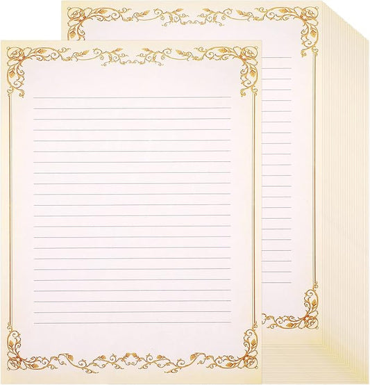 Sabary 200 Sheets Lined Stationary Writing Paper 8.5 x 11 Inch Fancy Vintage Stationery Letters Paper Lined Antique Retro Sheets for Letters Invitations Resume(Gold)