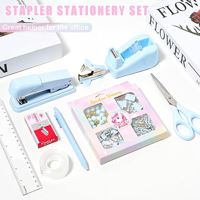 COMFYROOM Desk Accessories with Pen Holder, Office Supplies Desk Organizers and Accessories, Tape Dispenser, Stapler, Staple Remover, Staples, Clips Set, Ruler, Scissor, Pen, Tape (Blue)