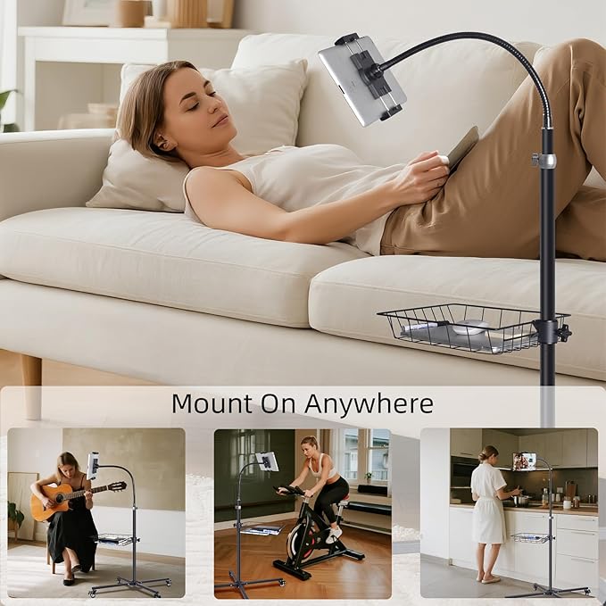 Coslony Adjustable Floor Standing Tablet Stand with Storage Basket, Mobile Rolling Base, Height Adjustable Metal Frame
