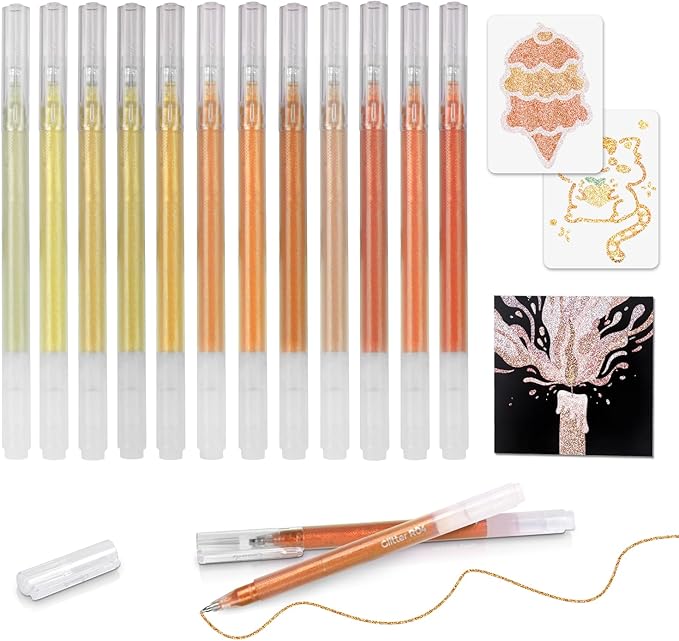CAISEXILE 12 Yellow Glitter Gel Pens Set, 1.0 mm Fine Point for Black Paper & White Paper, Large Capacity Pens for Journaling, Adult Coloring Books, Drawing, Note Taking, Highlighting