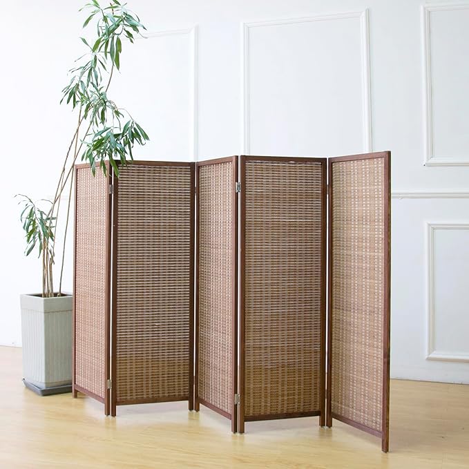 Furnnylane 5 Panel Short Room Divider Screen,Brown Freestanding Partition,Small Bamboo Panel Divider for Room Seperation,3.95 FT Tall
