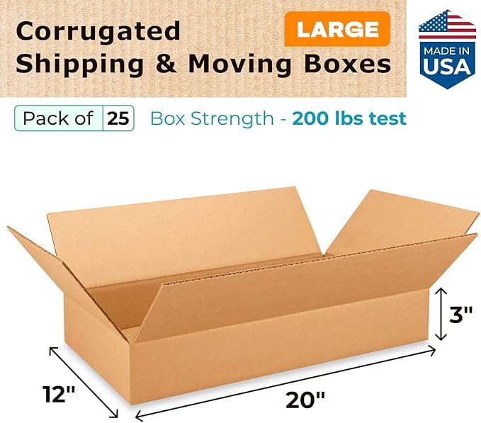 Large Shipping & Moving Boxes 20"L x 12"W x 3"H (25-Pack) - Extra Strength 200 lb vs Regular - Corrugated Packing Boxes for Moving - Heavy-Duty Shipping Box Large by IDL Packaging
