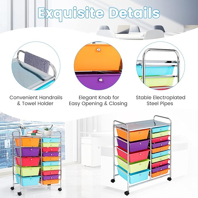 GLACER 15 Drawers Rolling Cart, Storage Cart with w/Removable Drawers & Steel Frame, Multipurpose Organizer Cart w/Sleek Handle, Utility Cart on Lockable Wheels for Home, School, Office (Multicolor)