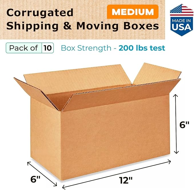 IDL Packaging - B-1266-10 Small Corrugated Shipping Boxes 12"L x 6”W x 6"H (Pack of 10) - Quality Choice of Sturdy Packing Boxes for USPS, UPS, FedEx Shipping
