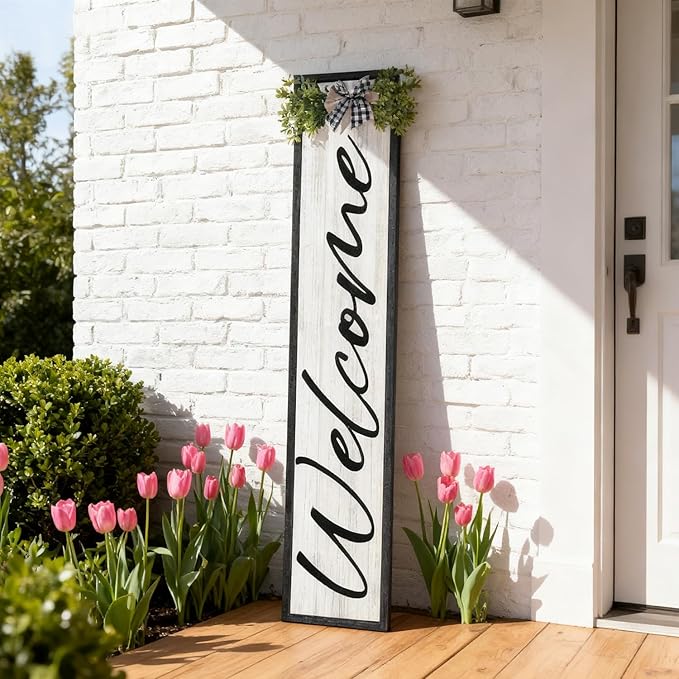 Double-sided Welcome to Our Home Wooden Sign Stand with Magnetic-adhesive Wreath for Front Door, 47" Vertical Farmhouse Welcome Porch Sign, 2in1 Large Tall Porch Leaner Decor for Outdoor Patio Garden