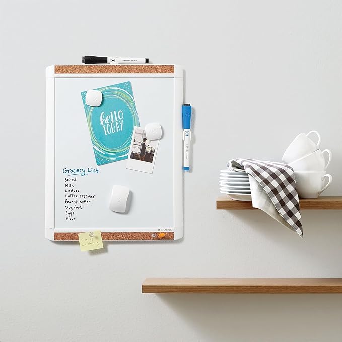 U Brands Contempo Magnetic Dry Erase Board, PINIT White Board, 11" x 14" Inches, White Plastic Frame Includes Markers, Magnets, Mini Eraser, Push Pins