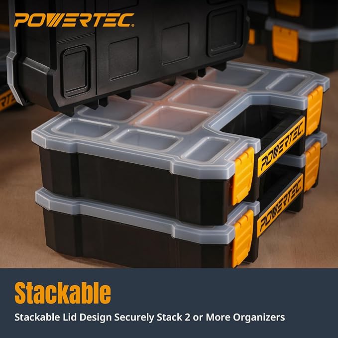POWERTEC Small Parts Organizer & Tool Box – 10 Compartments, Stackable Storage with Removable Dividers, Clear Lid, Portable Design, 3-Pack (72117-P3)