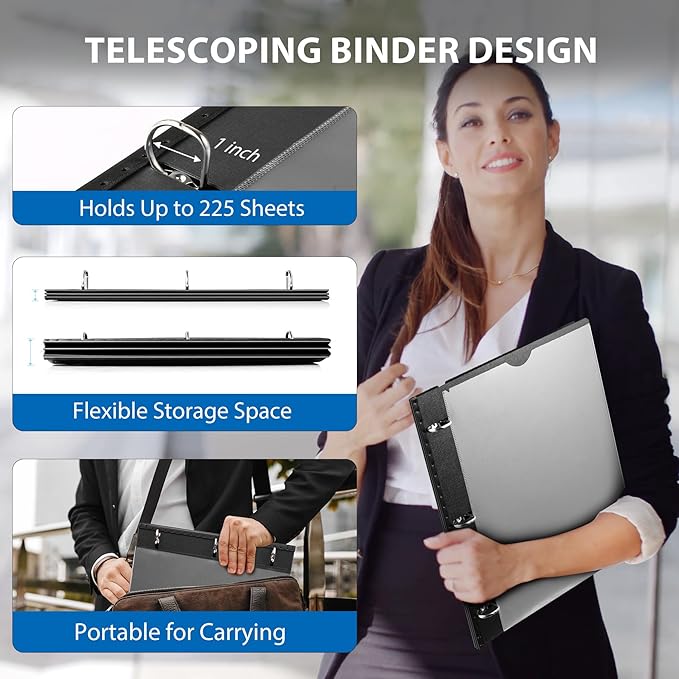 MAKHISTORY 1 Inch Telescoping 3 Ring Binder-12PCS, Flexible Binder with Customized Front Cover, Holds 225 Sheets, School Office Supplies, Black