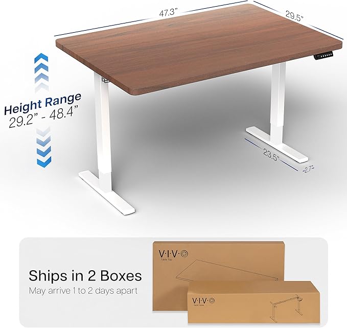 VIVO Electric 48 x 30 in Standing Desk, Memory Height Adjustment, 1B Series, Holds 220 lbs, One-Piece Dark Walnut Top, White Frame, DESK-KIT-1W5D