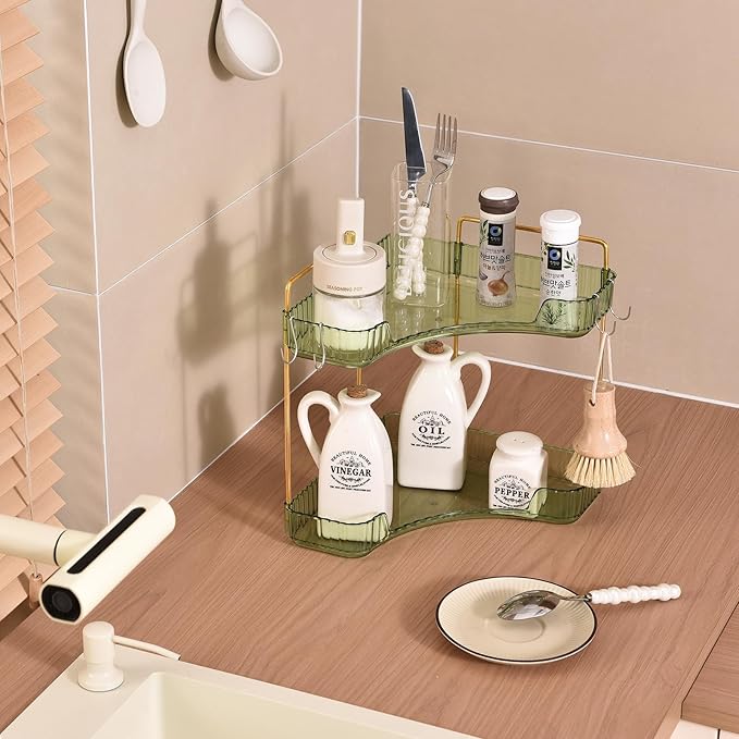 Trdongxu 2-Tier Corner Bathroom Organizer Countertop with Hooks, Bathroom Sink Corner Vanity Storage for Makeup, Skincare and Perfume (Green Gold)