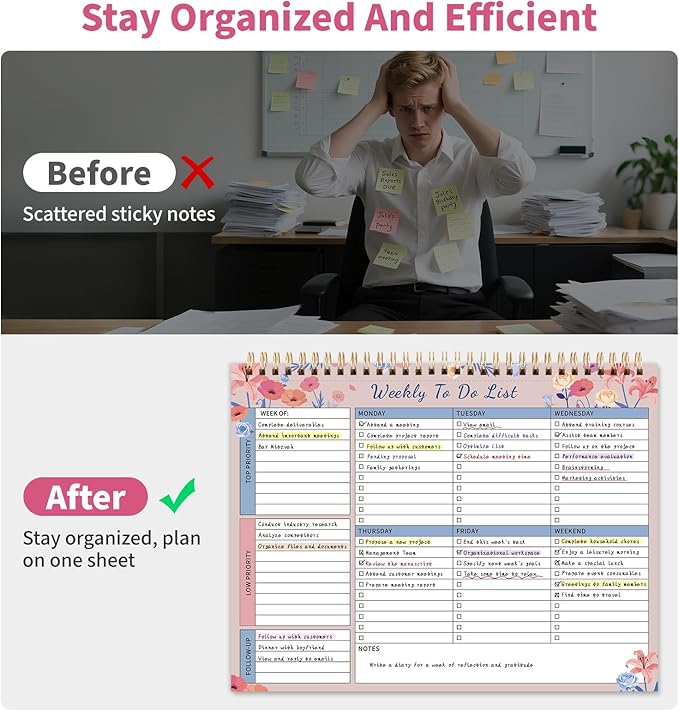 104 Pgs Weekly To Do List Notepad, 52 Duplex-Printed Undated Sheets 100 GSM（8.5"×11") Weekly Desk Planner For Work Home School Office Desk Accessories Supplies & Goal Setting Tasks -Pink Floral