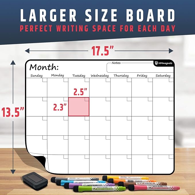Large Dry-Erase Magnetic Monthly Calendar + Free Bonus: 3 Grocery/to-Do List Whiteboards (Organizer/Planner) for Kitchen Fridge - Full Set: 8 Markers + Eraser | Stain Free | Horizontal