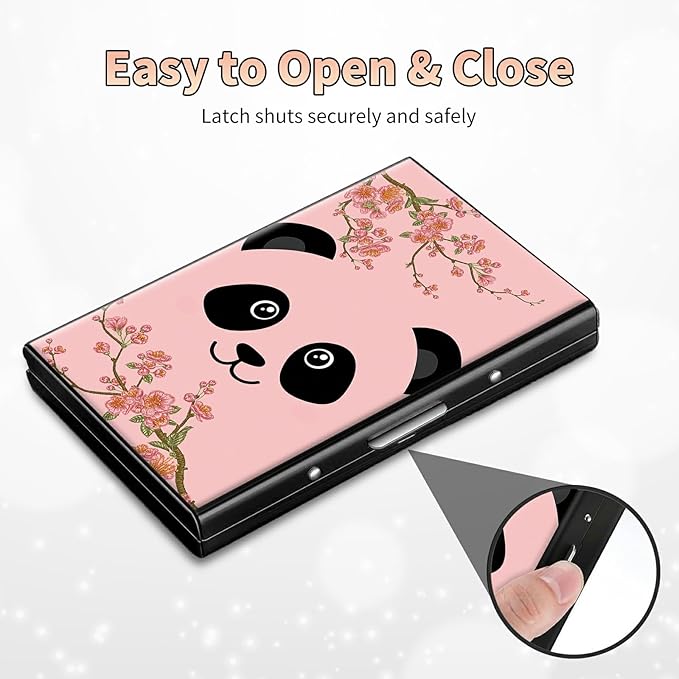 BWEGRHE Slim Credit Card Holder, Panda Sakura RFID Blocking Metal Wallet for Men & Women, Aluminum Minimalist Hard Case Pocket-Sized Business Cards Organizer (Fits Up to 10 Cards)