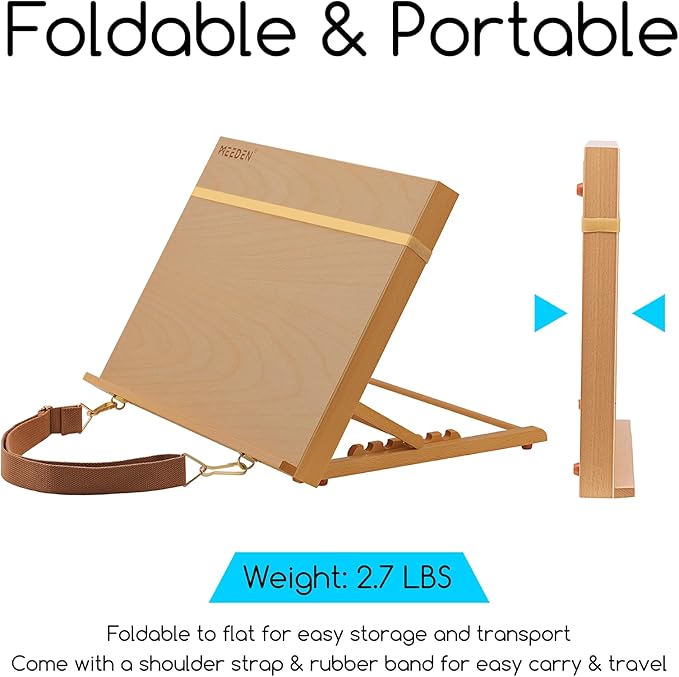 MEEDEN A3 Wooden Tabletop Easel for Painting, 5-Position Adjustable Drawing & Sketching Board with Shoulder Strap, Portable Beechwood Desktop Art Easel Stand for Adults, Artists, Beginners & Student