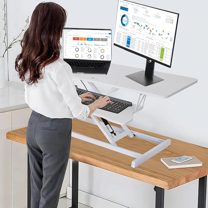 37 Inch Standing Desk Converter - Manual Pneumatic Spring, Two Monitor Stable Standing Desk Converter, 5.9" to 18.8" Height Adjustable Laptop Workstation with Keyboard Tray for Home, Company(White)