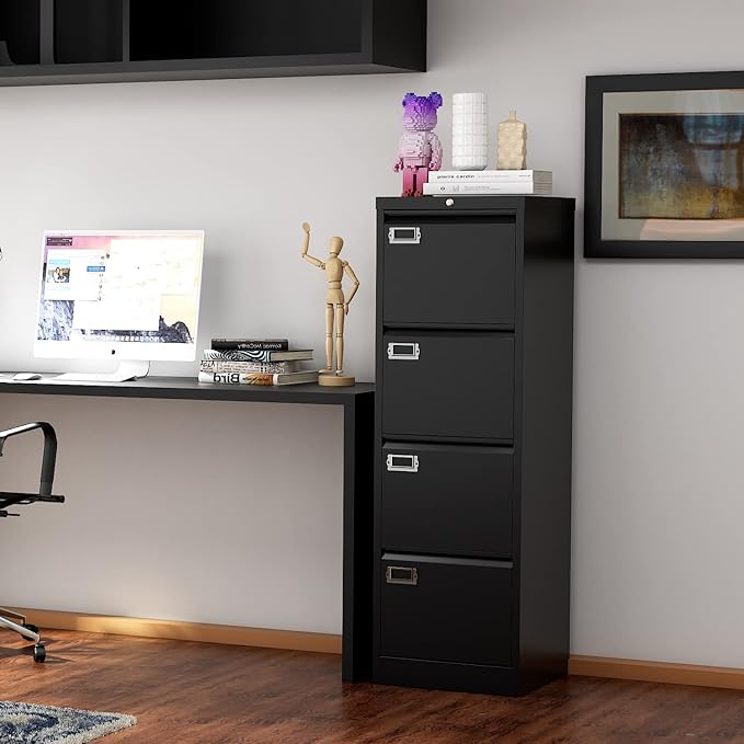 Fesbos File Cabinet - 4 Drawers Vertical 17.8" Deep Lockable Filing Cabinet Black Metal Storage Cabinets for Home Office to Hanging Files Letter/Legal/F4/A4 Size