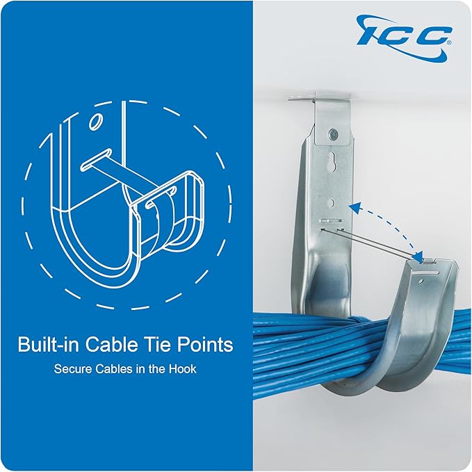 ICC Ceiling Mount J Hook 1 5/16” Without Retainer Clip – Galvanized Steel Cable Management Hooks for Hanging Cable - Rust-Resistant, EIA and TIA Compliant - 1 5/16 Inch 25 Pack