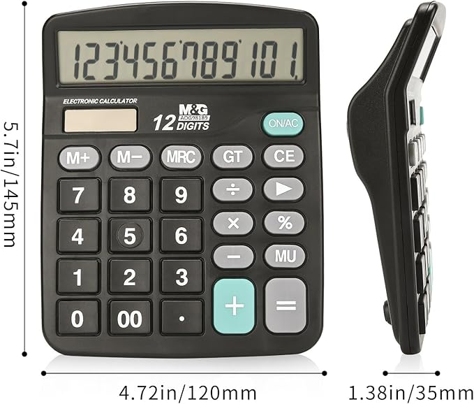 M&G Desk Calculator 12 Digit Office Calculators with Large LCD Display, Dual Solar Power and Battery, Recessed Big Button Calculator for Office Home (Black)