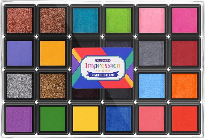 CraftyManor Mini 24 Color Pigment Ink Pads Set for Stamps, Fingerprint Ink Pad, Stamp Pad for Scrapbook Paper & Stamps for Classroom & Clothing Stamp & Letter Stamps, Archival