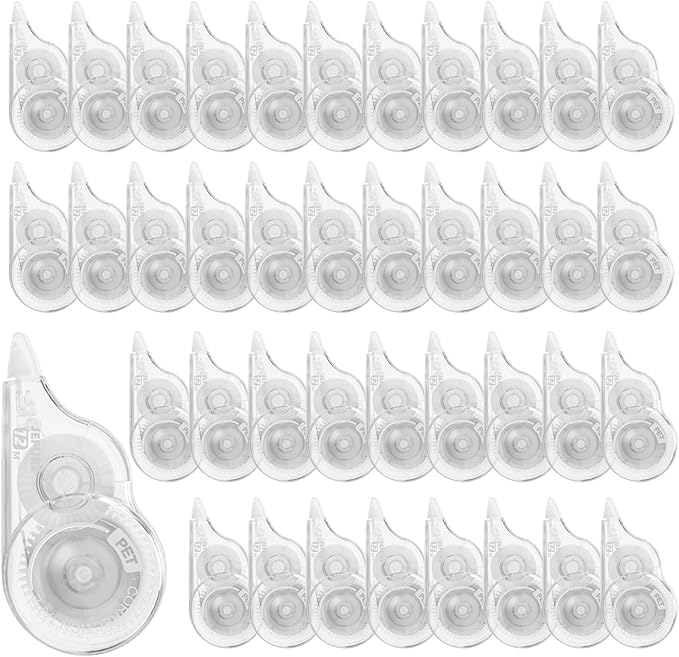 JEFURE 40 Pcs Correction Tape, 39.4 Ft White Wrong Out Tear-Resistant Bulk, Instant Corrections Easy To Use Applicator for School, Office, Note Taking, Journal (Tape Width 0.2 in, Clear)