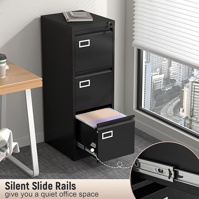 Lockable Vertical Metal File Cabinet 3 Drawer, Steel Filing Cabinet for Home Office Organization, High Capacity Storage for Letter/Legal/A4 Size, Black Office Cabinet, 17.7" D x 14.6" W x 40.9" H